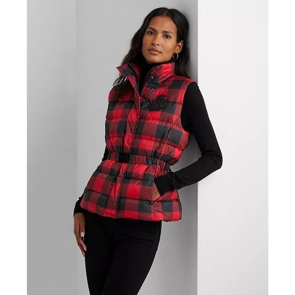 Lauren Ralph Lauren Women's 10 Buffalo Check Quilted Down Vest Embellished Logo - Picture 6 of 13